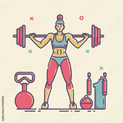 red white black modern style minimalist lines of a strong muscle pose strong body builder anatomy man at gym with bundle Doing exercises in all body positions using different gym equipment