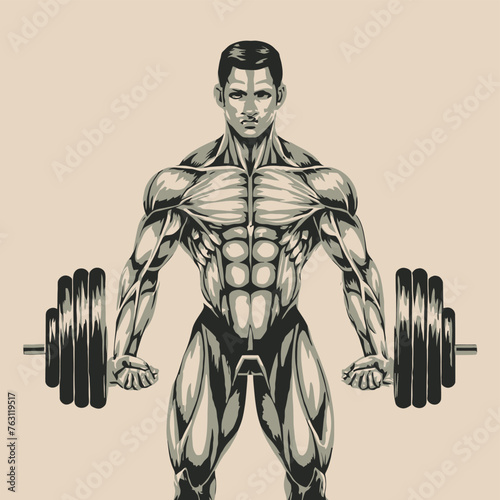 red white black modern style minimalist lines of a strong muscle pose strong body builder anatomy man at gym with bundle Doing exercises in all body positions using different gym equipment