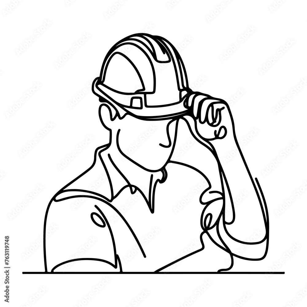 Happy Labor Day worker man wearing hard hat continuous one line draw design black outline drawing Labor Day icon concept sketch of the workers doodle style