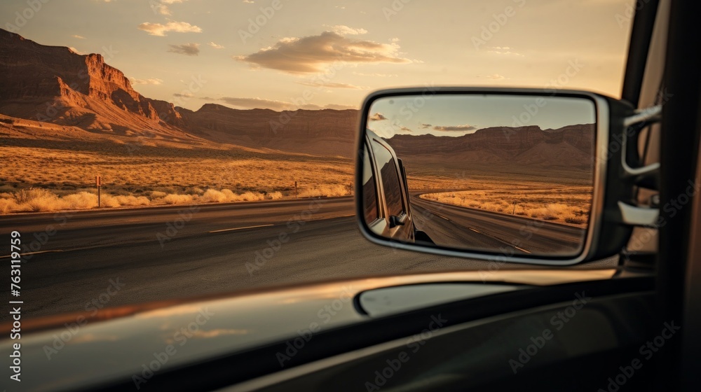 Trucker's mirror reflecting desert cabin lit by dashboard