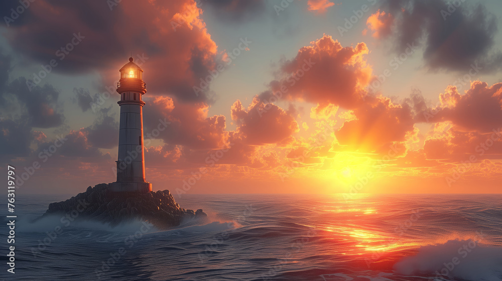 Sea landscape with Lighthouse at sunset or sun rise. travel concept. illustration