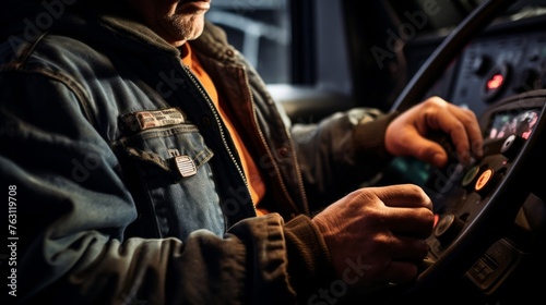 Detailed view of trucker's hands and truck cabin controls