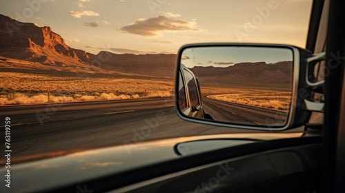 Trucker's mirror reflecting desert cabin lit by dashboard