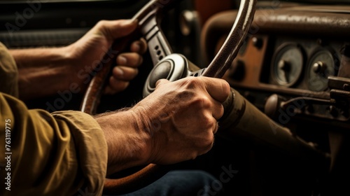 Close-up of hand on vintage truck's steering wheel cabin
