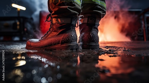 Boots submerged reflecting firetruck lights and smoky sky