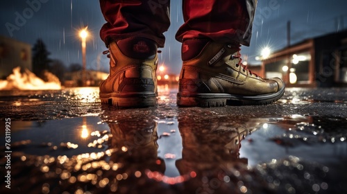 Firefighter boots in water reflection of emergency lights photo