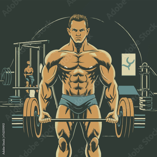 red white black modern style minimalist lines of a strong muscle pose strong body builder anatomy man at gym with bundle Doing exercises in all body positions using different gym equipment