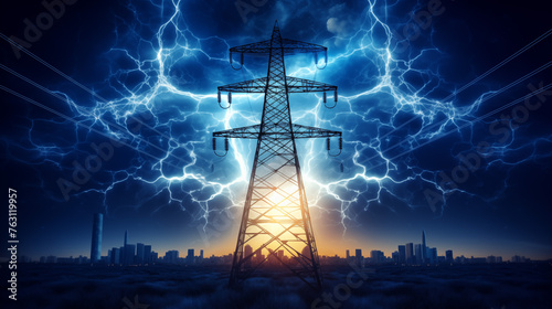 power lines with lightning background