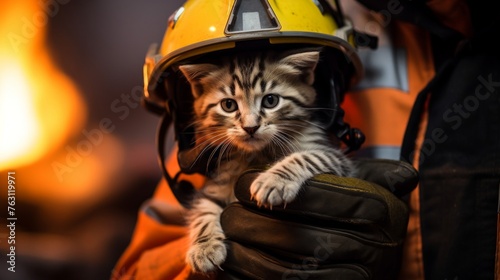 Rescue amidst chaos firefighter holds kitten flames behind