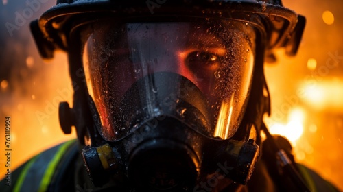 Close-up inside firefighter's mask battle against fire