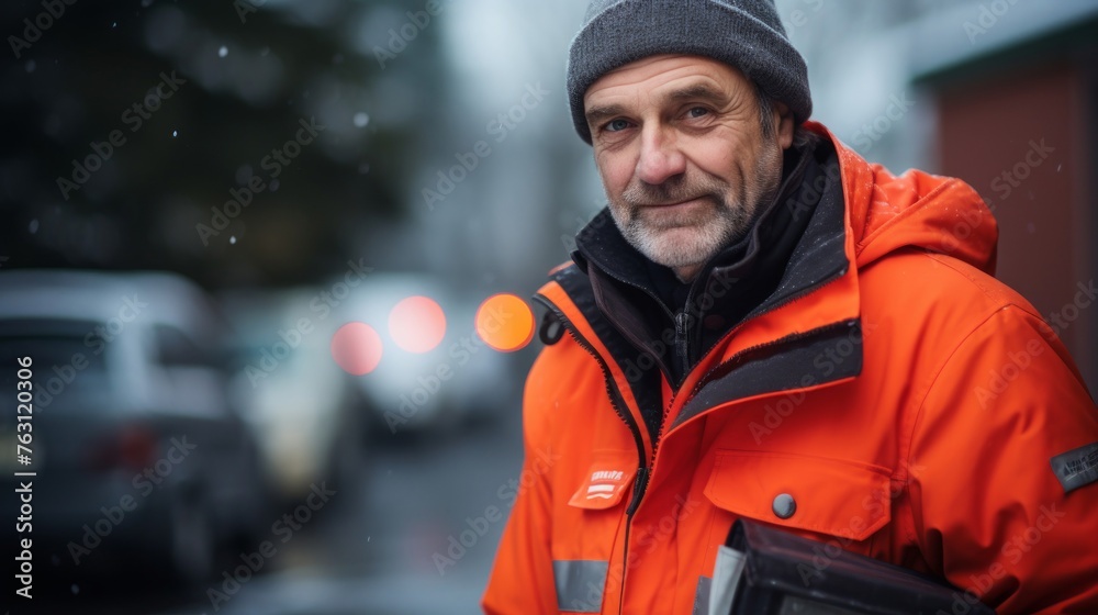 Postman in winter warm attire cold breath visible Postman in winter warm attire cold breath visible