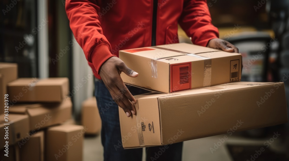 Mail carrier holds package letters and parcels backdrop Mail carrier holds package letters and parcels backdrop