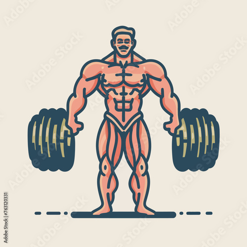 red white black modern style minimalist lines of a strong muscle pose strong body builder anatomy man at gym with bundle Doing exercises in all body positions using different gym equipment