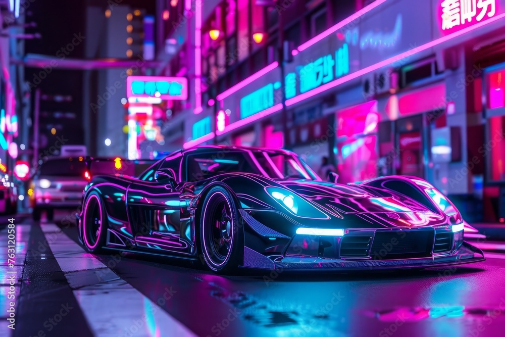 A car driving down a city street at night with neon lights on the buildings and buildings ai A car driving down a city street at night with neon lights on the buildings and buildings ai