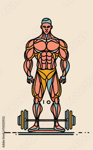 red white black modern style minimalist lines of a strong muscle pose strong body builder anatomy man at gym with bundle Doing exercises in all body positions using different gym equipment