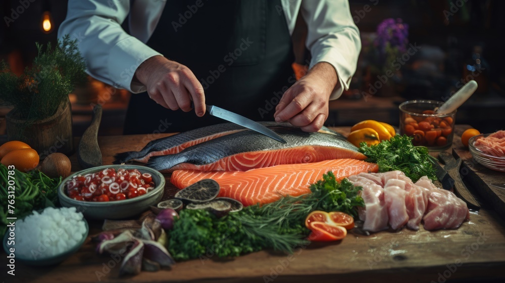 Close-up on fillet deboning fishmonger's expertise fresh dishes