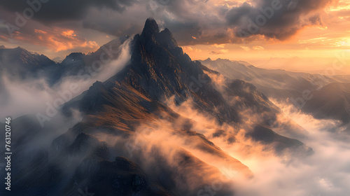 Mountain photography with a touch of mist adds an ethereal quality to the rugged landscape. The interplay of light, shadows, and the faint haze of smoke creates a sense of mystery and depth