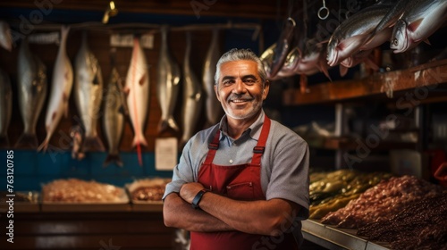 Joyful fish market owner vibrant storefront backdrop tradition