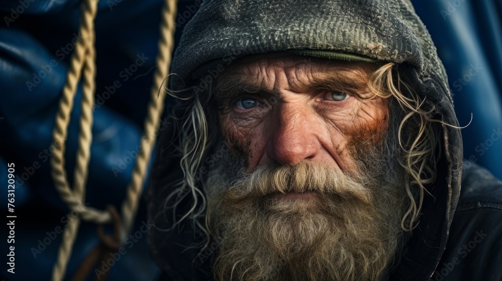 Weathered fisherman's close-up sea life ruggedness