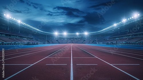Empty sports stadium with a running track under the night sky