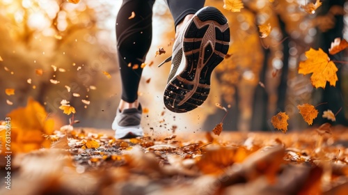 close up of feet of a runner running in autumn leaves training for marathon and fitness healthy lifestyle