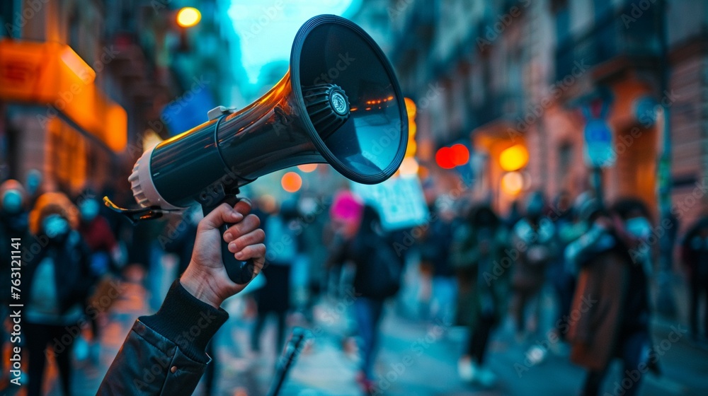 Hand holding a megaphone against a yellow background - obrazy, fototapety, plakaty 