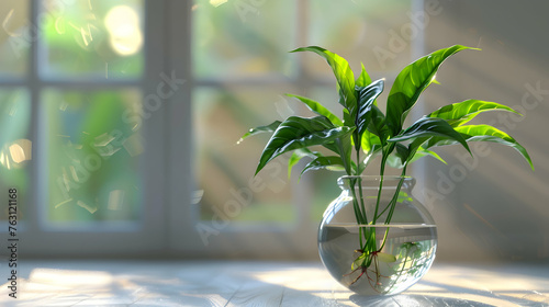 A beautiful green plant in a transparent glass vase
