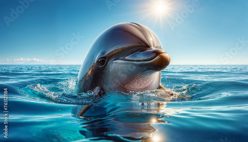 A curious dolphin peeking out of the water, playful and inquisitive expression photo