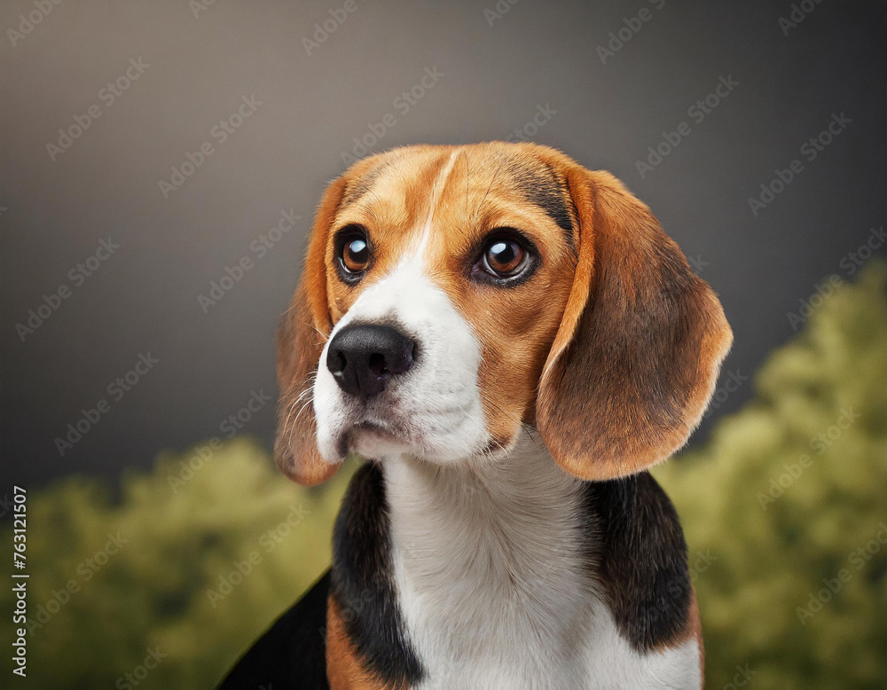 Hund, Beagle, Porträt, nur Kopf, Welpen, dunkler Hintergrund, KI generiert