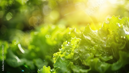 Glistening dew drops on bright green cabbage leaves bathed in soft morning sunlight convey the essence of freshness and purity. photo