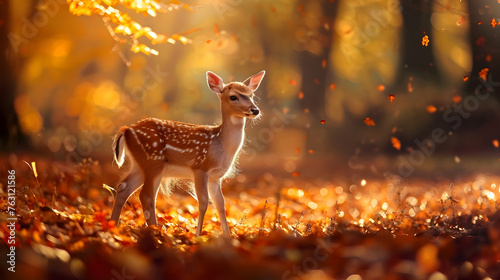 Cute deer illuminated by glowing autumn foliage in nature