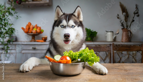  Hund, Husky sitzt mit am Esstisch und schaut in seinen Napf, in dem Gemüse liegt, KI generiert