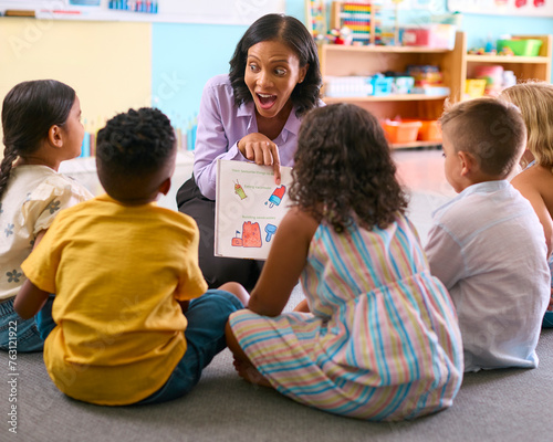 Female Primary Or Elementary School Teacher Reads Story To Multi-Cultural Class Seated In Classroom