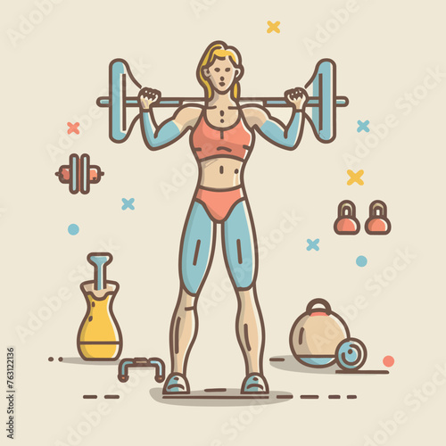 red white black modern style minimalist lines of a strong muscle pose strong body builder anatomy man at gym with bundle Doing exercises in all body positions using different gym equipment