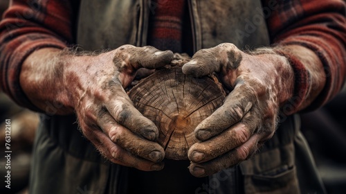 Lumberjack's weathered hands and cut log hard work's result