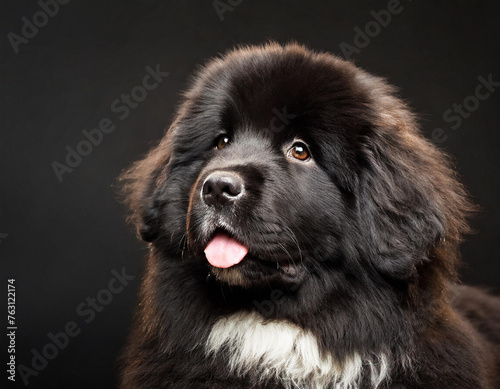Hund, Neufundländer schwarz, Porträt, nur Kopf, Welpen, dunkler Hintergrund, KI generiert