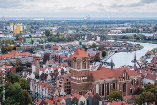 Aerial view from Basilica of Assumption of Blessed Virgin Mary on Old Town of Gdansk with Saint John Churchk, Poland photo