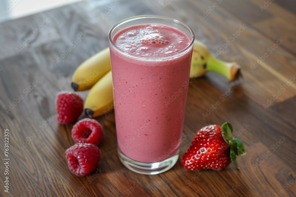 Berry smoothie in glass with fresh fruits on wooden table Berry smoothie in glass with fresh fruits on wooden table