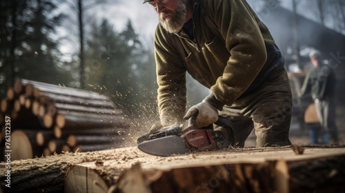 Two-man crosscut saw in action lumberjack teamwork tradition