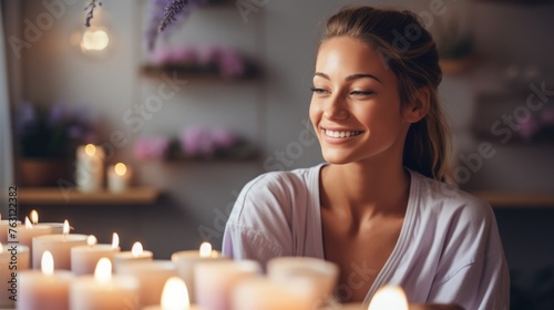 Calm massage therapist pastel candles serene atmosphere