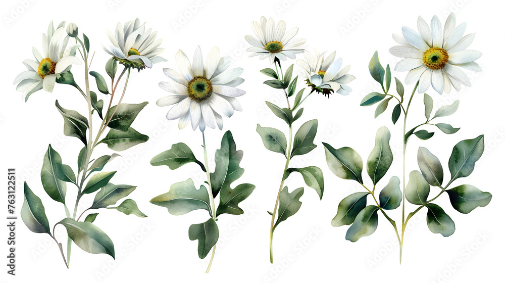 Beautiful set of white flowers in bloom, with soft petals and green leaves, isolated transparent PNG background - obrazy, fototapety, plakaty 