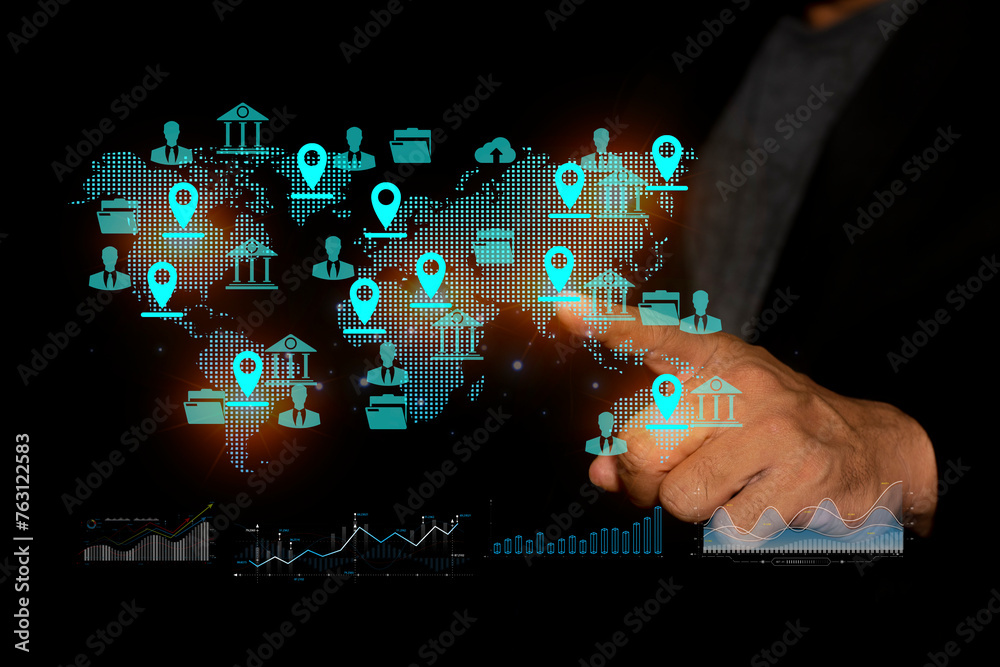 Businessman touching Global network connection, Big data analytics and business intelligence concept, World map point composition concept of global business. Businessman touching Global network connection, Big data analytics and business intelligence concept, World map point composition concept of global business.