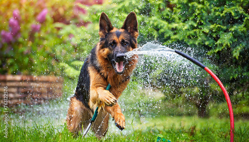 Hund, Schäferhund kämpft im Garten mit einem Gartenschlauch der Wasser spritzt, KI generiert photo