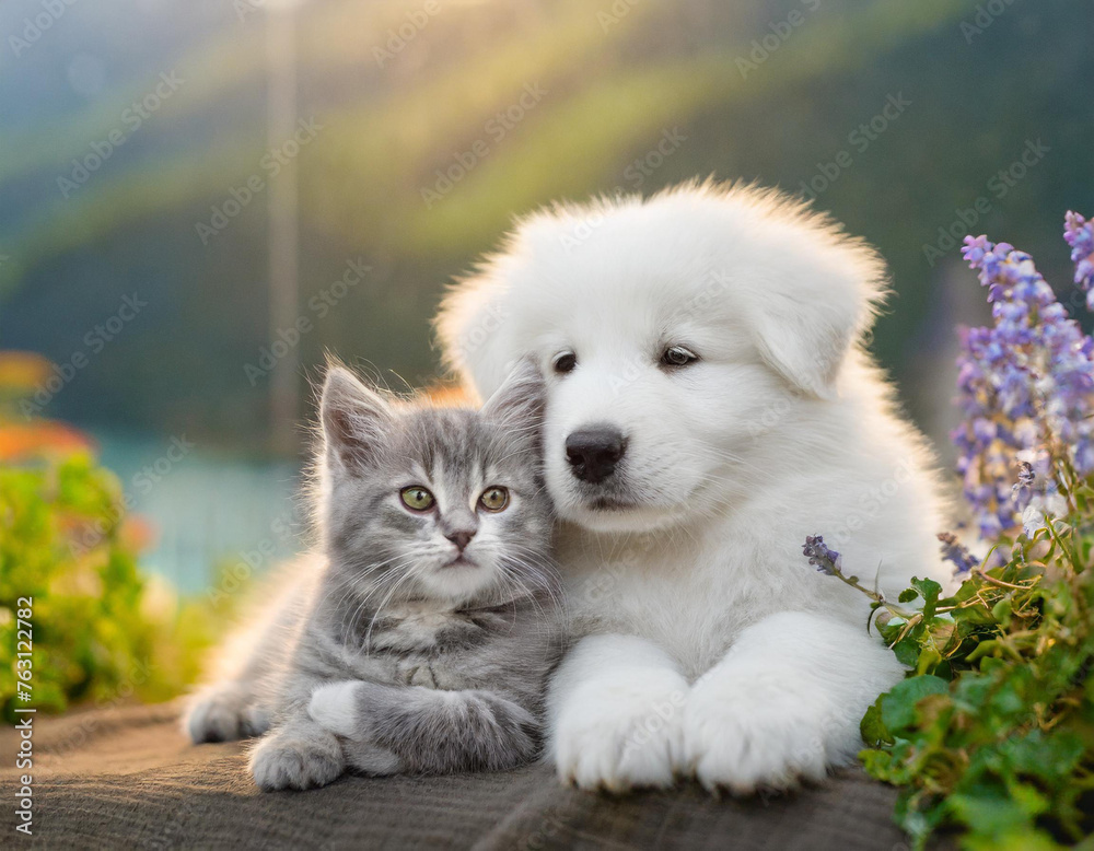 Hund, welpen eines weißen schäferhund schmust mit einer jungen weißen Katze, KI generiert Hund, welpen eines weißen schäferhund schmust mit einer jungen weißen Katze, KI generiert
