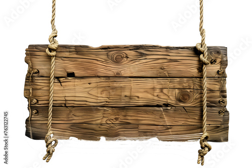 Old wooden board with a rope attached as a blackboard and space for text. Isolated on transparent background