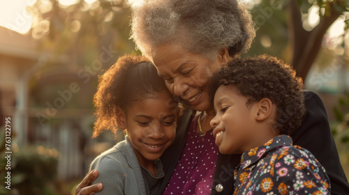 A grandmother shares a tender moment with her two grandchildren  their expressions filled with warmth and affection.