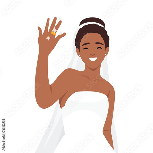 Young woman happy just married spouse or wife wearing a veil with flowers and showing her wedding ring on her finger. Flat vector illustration isolated on white background
