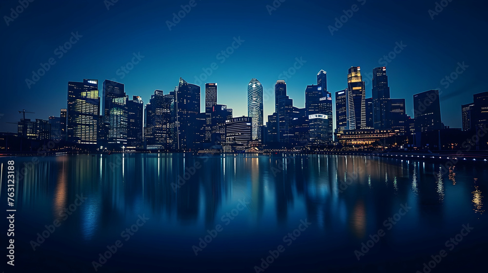 Modern city skyline reflections in the dark blue waterfront at dusk