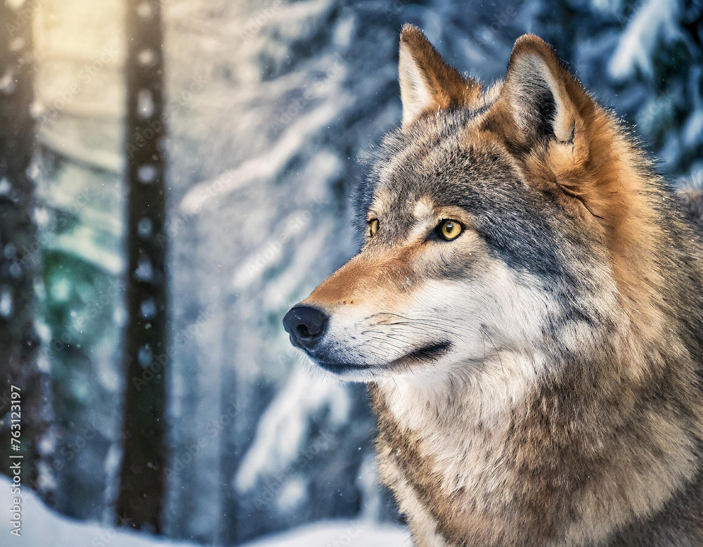 Tier, Wolf, Porträt, nur Kopf, Hintergrund Wald, Winter, KI generiert
