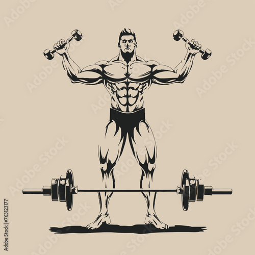 red white black modern style minimalist lines of a strong muscle pose strong body builder anatomy man at gym with bundle Doing exercises in all body positions using different gym equipment